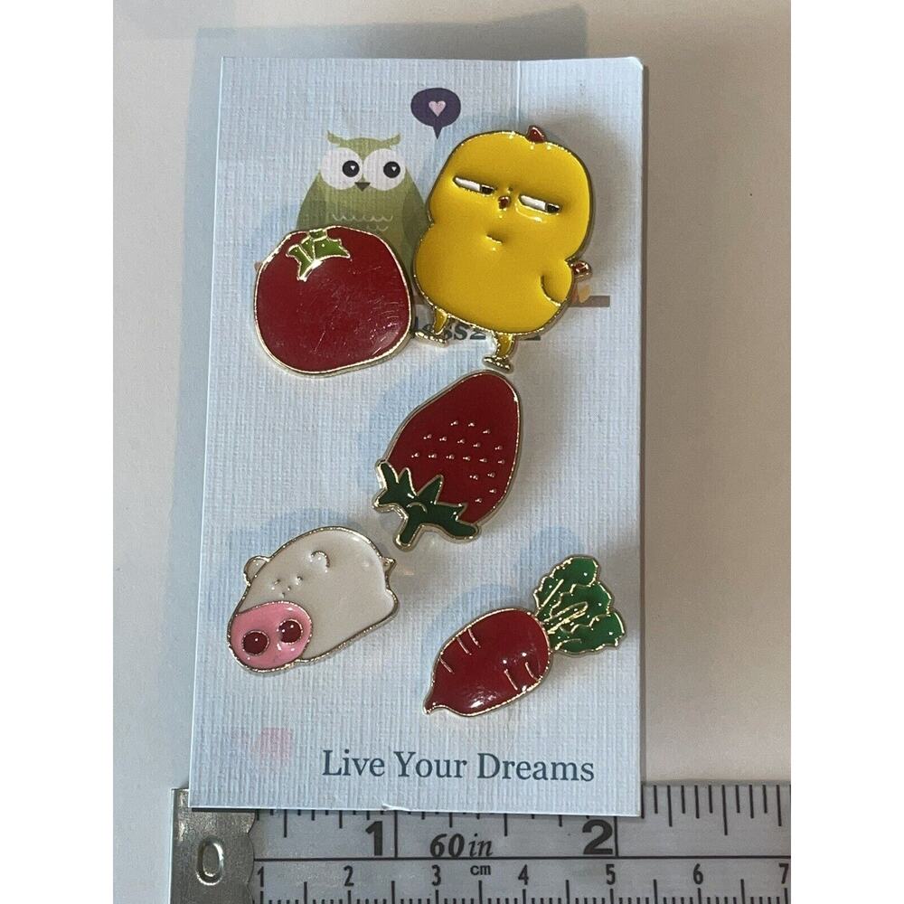 Lot Of 5 Pins Brooches Pin Farm Chick Pig Tomato Strawberry Carrot